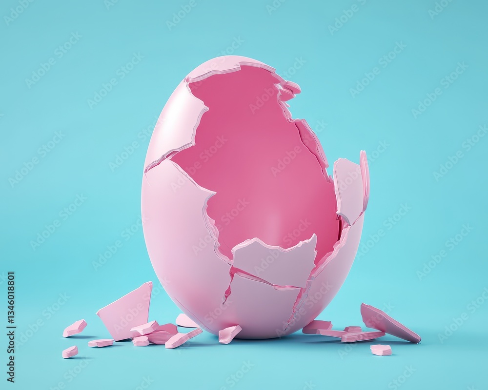 Poster broken pink egg shell with shattered pieces on soft turquoise background highlighting fragile beauty