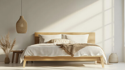 A stylish, modern bedroom with a simple wooden bed frame, featuring luxurious off-white bedding and a cozy knit throw