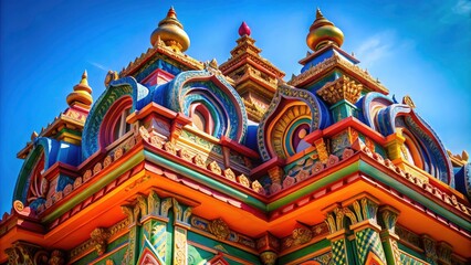 Obraz premium Blue Sky Hindu Temple Close Up, Urban Exploration Photography, Ancient Indian Shrine, Detailed Architecture