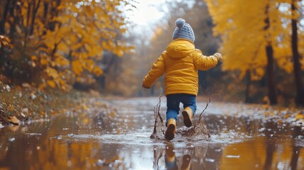 A young child splashes in a puddle wearing yellow coat and boots in autumn. It represents the joy and freedom of childhood, playing in nature.