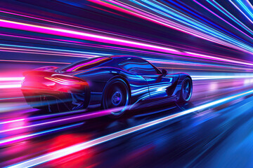 Fototapeta premium Power source for charging battery of beautiful hybrid electric car on road, abstract vivid composition consists of fictional unreal fantastic vision on background