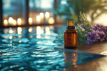 Spa wellness healing hydrotherapy journey. A tranquil setting with essential oil by a shimmering pool.