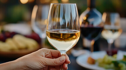 Mano de mujer sosteniendo una copa de vino blanco con fondo borroso de mesa con comida y vino tinto