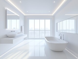 Fototapeta premium 3D rendering of a white bathroom interior with a bathtub and sink on the right side