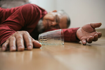 Fainted Old Man Accident On Home Floor With Heart Attack, Cardiac Arrest Or Unconscious In Living...