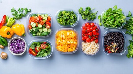 A colorful display of fresh vegetables and fruits organized in containers, promoting healthy eating and meal prep.