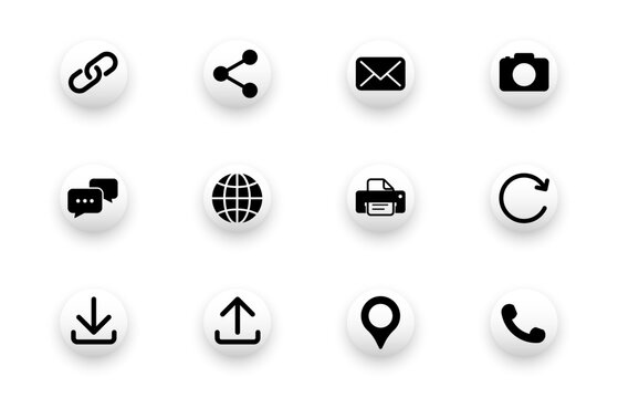 Solid vector icon set with media, share, call, location, printer, camera icons.
