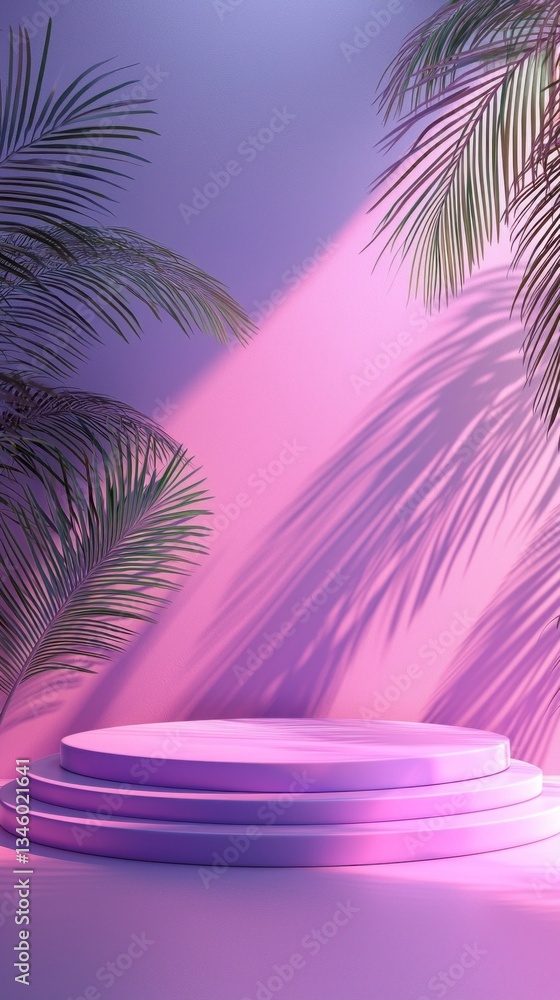 Poster a circular stage surrounded by lush palm leaves, illuminated by soft purple and pink light, casting 