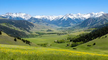 Obraz premium Panoramic View of a Green Valley with Yellow Wildflowers and Snowy Mountains Under a Clear Blue Sky