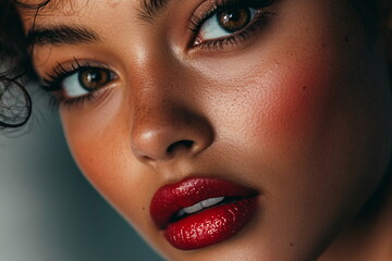 Closeup portrait of beautiful young woman with red lips