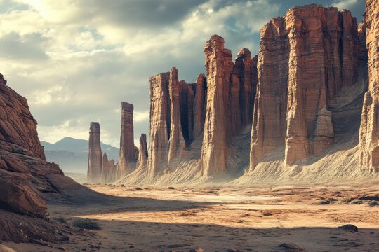 Majestic rock formations rise against a dramatic sky in a remote desert landscape at sunset