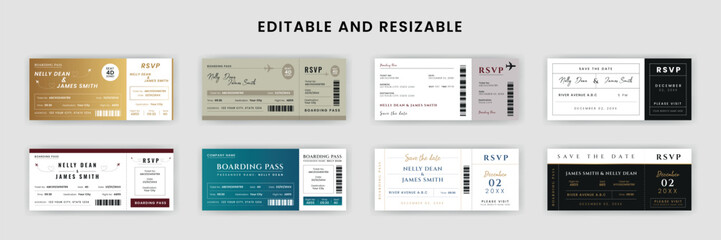 Boarding Pass Invitation For Airplane and Boat, Bundle of Airline Boarding Pass Design Template. Minimalist Flight Ticket and Wedding Invitation.