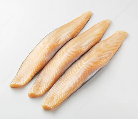 Realistic photograph of three whole fresh raw salmon fillets isolated on a white background