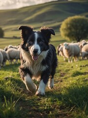 Fototapeta premium Cartoon Border Collie puppy herding sheep in a pastoral landscape