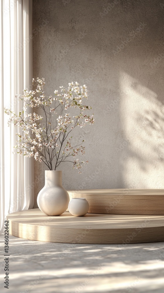 Aufkleber a serene and minimalist indoor setting showcases a beautifully arranged vase with delicate blossoms 