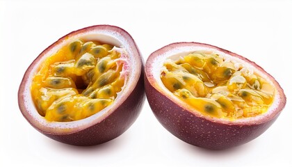 half of ripe yellow passionfruit with mixed tasty pulp isolated on white background