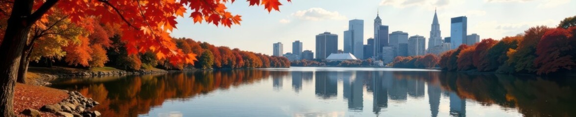 Vibrant autumn leaves, Charles River reflection, Boston skyline, october, november, clear