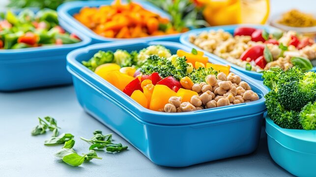 A vibrant display of healthy meal prep with colorful vegetables and chickpeas in blue containers, promoting nutritious eating and organization.