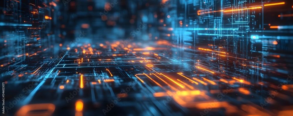 Poster Futuristic server room with glowing orange and blue lights creating complex data flow