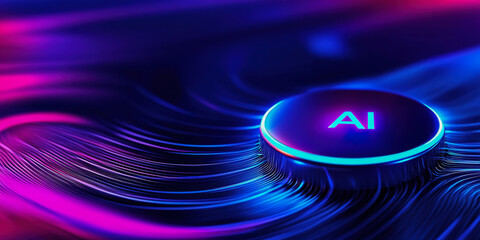 High-tech button with AI inscription glowing in neon blue surrounded by dynamic data streams