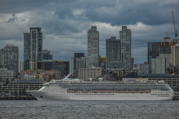 Modern cruiseship cruise ship ocean liner Sun sail away departure from Seattle, Washington State...
