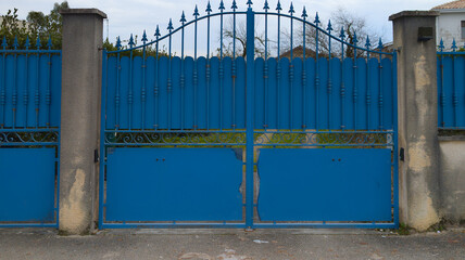 portal classical street ancient home steel dark blue metal retro house old gate garden access door
