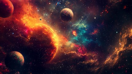 Obraz premium Vibrant Cosmic Landscape with Colorful Nebulas and Celestial Bodies Emerges in a Stunning Display of Outer Space Wonder