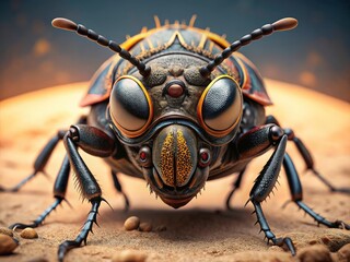 Fototapeta premium Close-up Black and Brown Beetle Portrait Photography: Mustached Insect on Sand