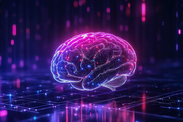 Cybernetic brain surrounded by dynamic impulses and data lines in a dark, high-tech AI atmosphere