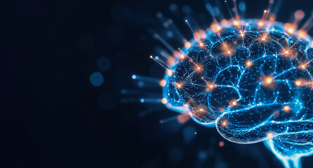 Digital brain emitting neural impulses with connected data particles against a deep blue background