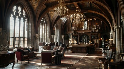 Fototapeta premium Sunlit Gothic Grand Hall Interior with Ornate Details and Plush Seating
