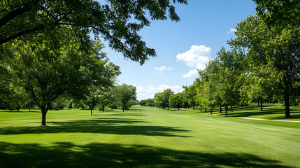 Fototapeta premium Lush Green Trees Line A Park Pathway Under A Bright Blue Sky With A Sunny Summer Day View