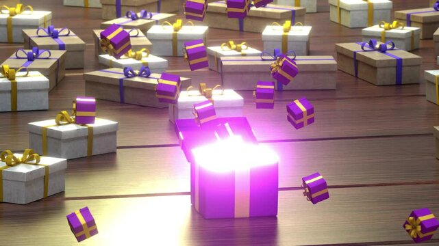 Funny unusual gift, the lid opens, mini gift boxes fly out, 3d animation.