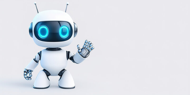 Cute cartoon robot waves hello with glowing blue eyes against a light gray background and ample copy space for text