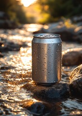 A can of soda is sitting on a rock in a stream