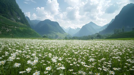Fototapeta premium Serene Mountain Valley Landscape with Abundant White Daisies Blooming in Spring