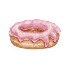 Donut with pink icing watercolor illustration. Realistic style. Suitable for menus and advertising of a bakery, coffee shop, design of diet and culinary sites, social networks, baking master classes