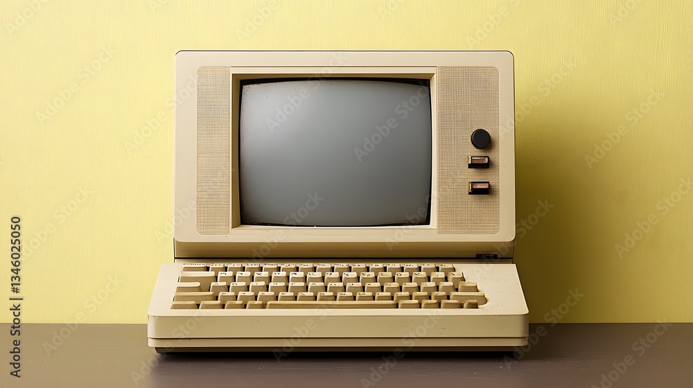 Aufkleber old computer displaying blank screen sitting on desk against yellow wall