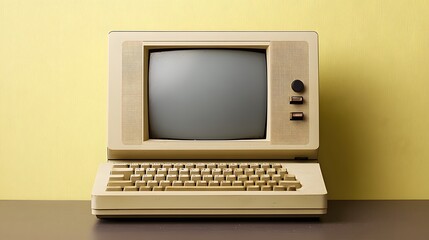 Old computer displaying blank screen sitting on desk against yellow wall
