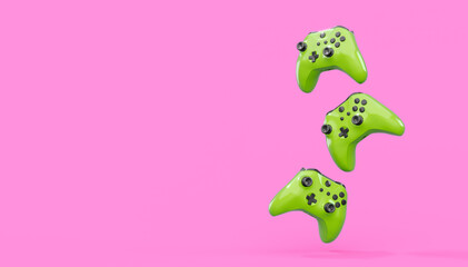 Realistic blue azure video game joysticks or gamepads on pink background