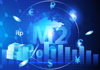 Fototapeta premium Futuristic financial concept featuring M2 money supply. Global M2 measures the total money supply, including cash, deposits, and liquid assets, across multiple economies in a common currency