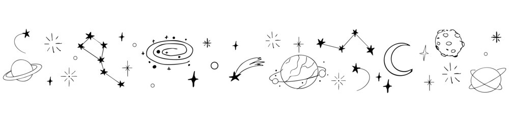 Celestial doodle border, falling star blink divider. Hand drawn ornament with stars, planets, meteorite and moon. Space magic simple decor. © Alyona