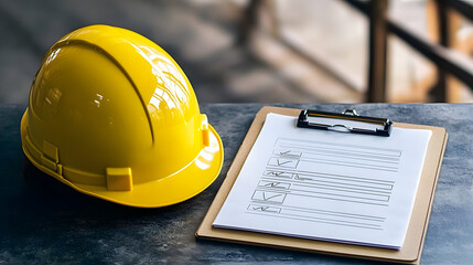 Construction Safety Checklist: A yellow hardhat rests beside a clipboard with a blank checklist, suggesting meticulous safety protocols in a construction setting.