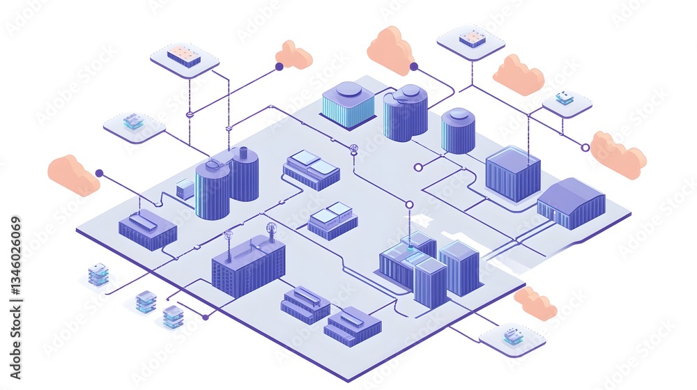 Aufkleber Futuristic smart city infrastructure connecting buildings and cloud computing in isometric view