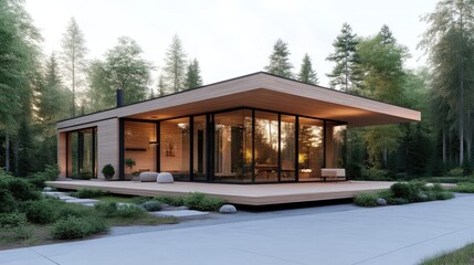 Modern, light-filled cabin nestled in a wooded setting.  Features clean lines, large windows, and a wooden exterior