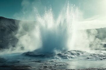 Obraz premium Majestic geyser eruption in a geothermal wonderland during the golden hour of the afternoon