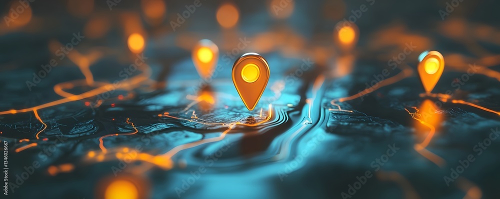 Aufkleber golden location pins showing points of interest on illuminated map