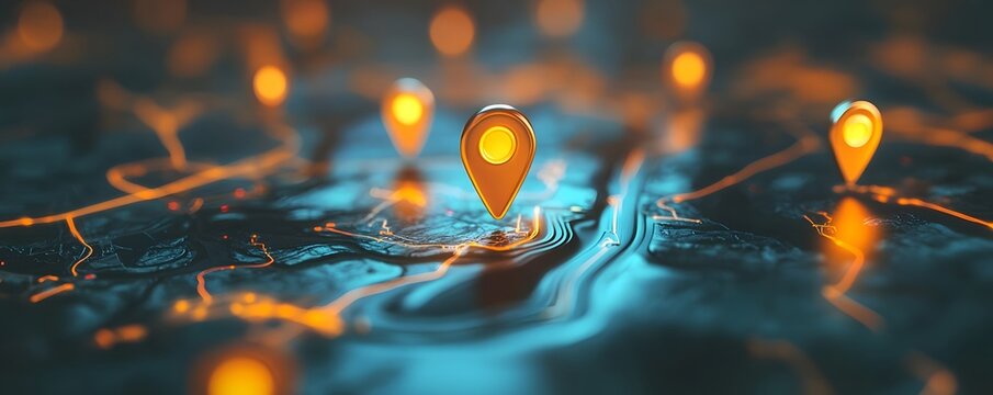 Golden location pins showing points of interest on illuminated map