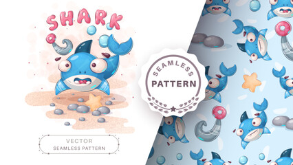 Cartoon character animal fish shark - seamless pattern