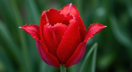Vibrant Red Fringed Tulip Blooming in Spring Garden A Close Up Macro Photography